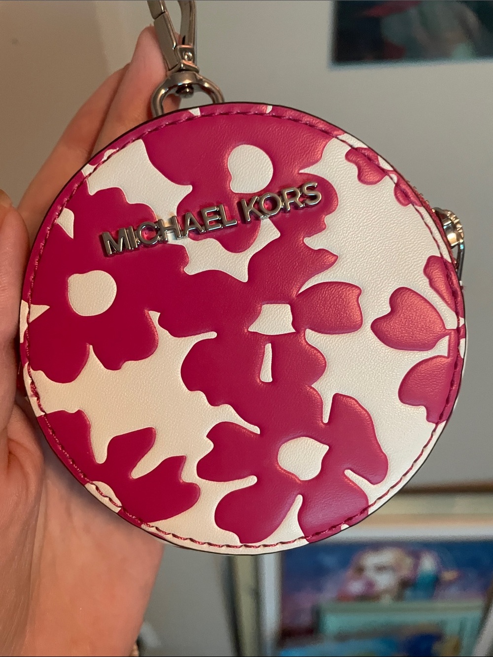 Michael Kors Hot Pink and White Floral Round Coin Case